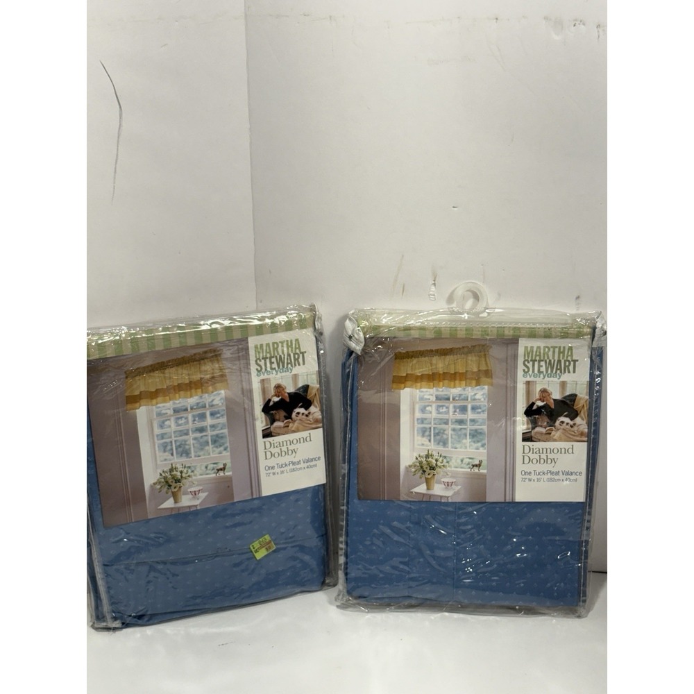 Martha Stewart One Tuck Pleat Valance Lot Of 2 72"x16" Diamond Dobby Blue 90's